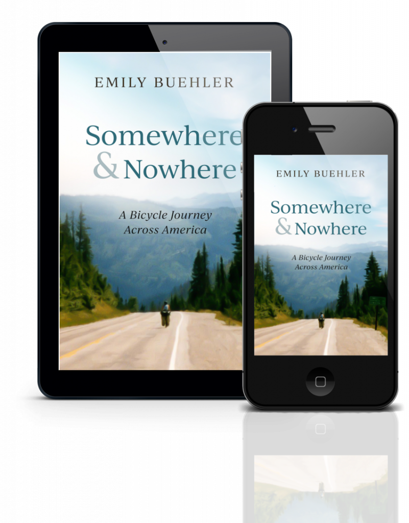 cover of Somewhere and Nowhere showing bicyclist on road through forested mountains, on a tablet and a smart phone